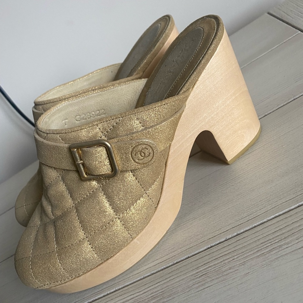 Chanel gold quilted clogs